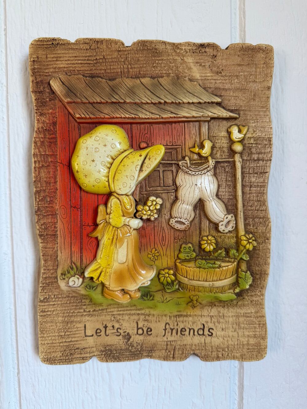 Vintage 1970s Girl Bonnet "Let's Be Friends" Wall Plaque Cottagecore Decor